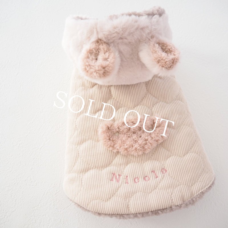 画像3: かんたんアウター：ハートコーデュロイキルティングケープベスト：くま耳フード【名入れ無料】 (3)