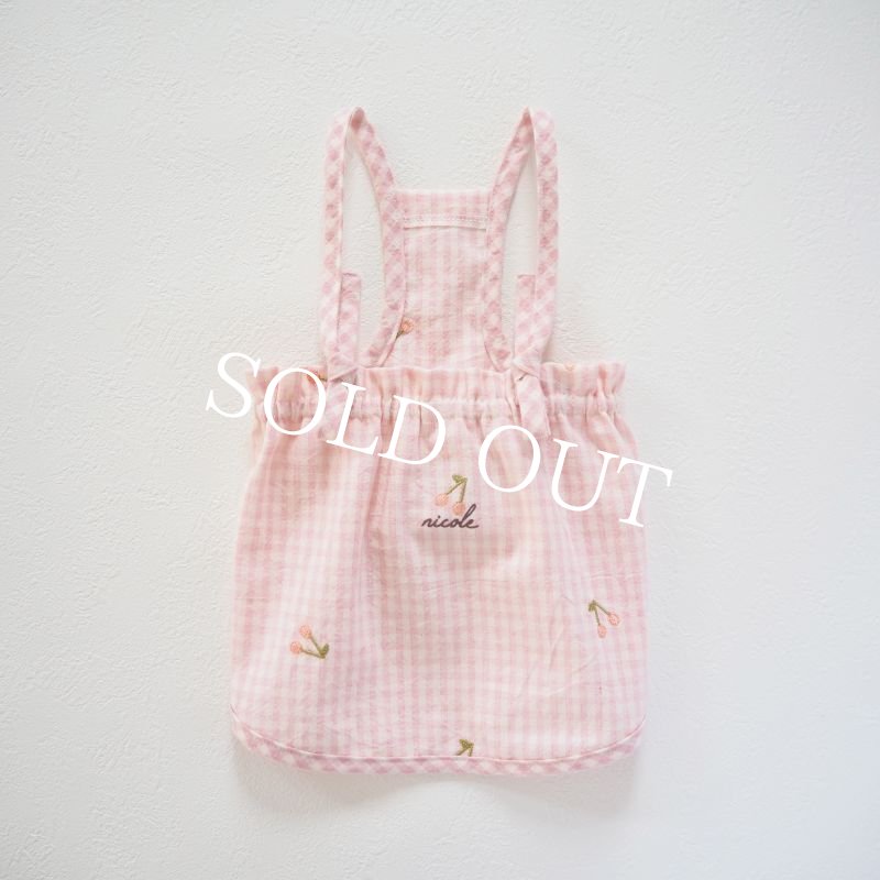 画像1: 【★】バックダブルストラップ：ピンクギンガムチェック：さくらんぼ刺繍【名入れ無料】 (1)