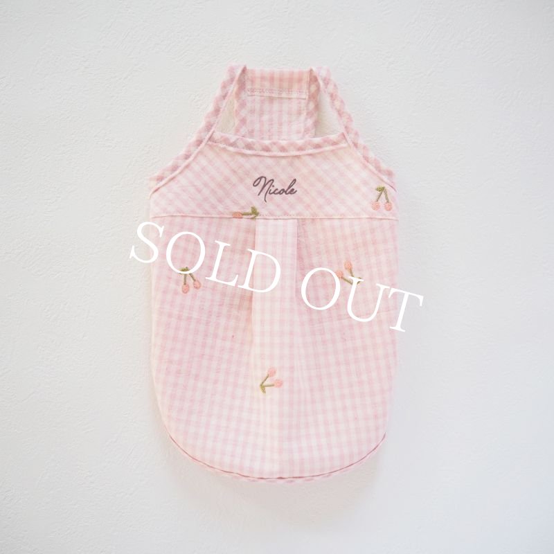 画像1: キャミタックシャツ：ピンクギンガムチェック：さくらんぼ刺繍【名入れ無料】 (1)