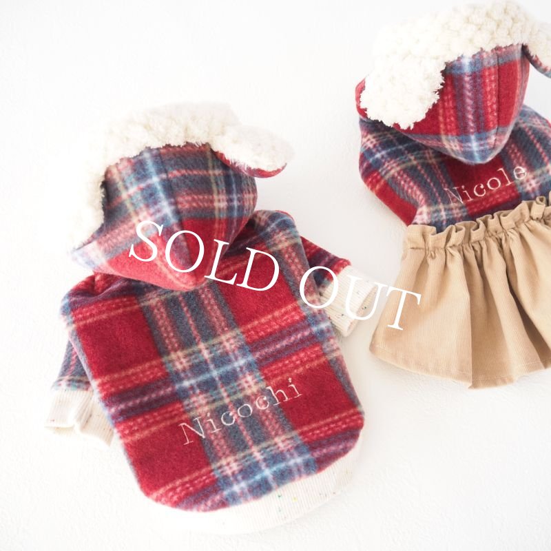 画像11: チェックのくまうさフーディー：Red【名入れ無料】半袖/袖無しへの変更可◎ (11)